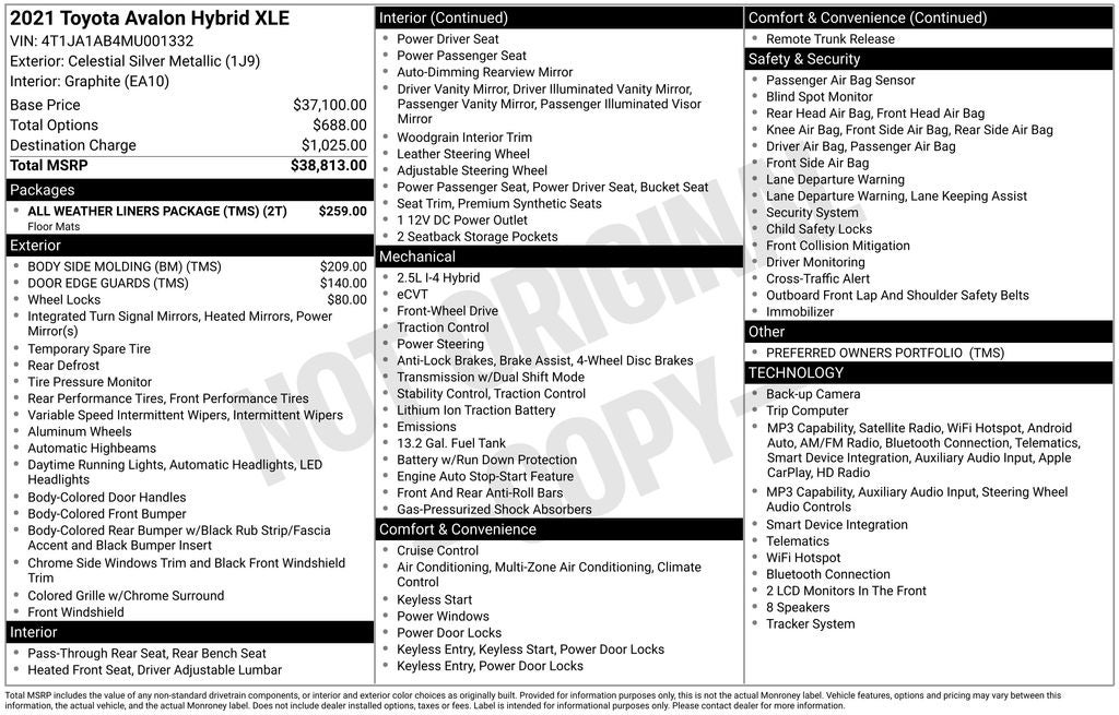 2021 Toyota Avalon Hybrid XLE Plus